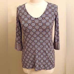 J. Jill Petite Wearever Collection Blue White Geometric V-Neck Casual Top SZ XSP